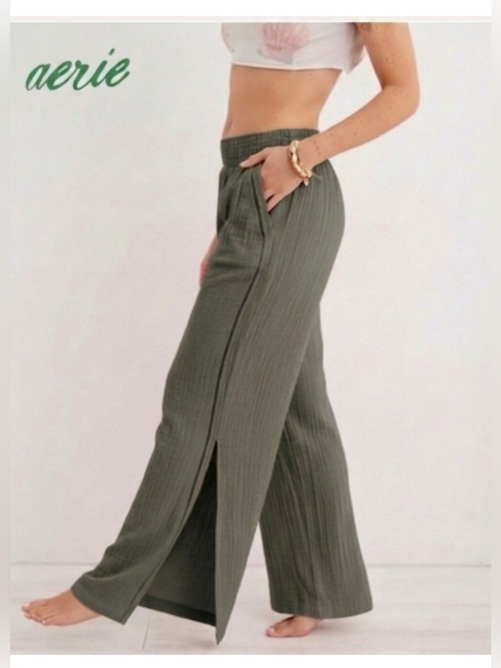 Aerie, high-waisted, Wide-Leg Gauze Pants, deep olive green colorway, XS